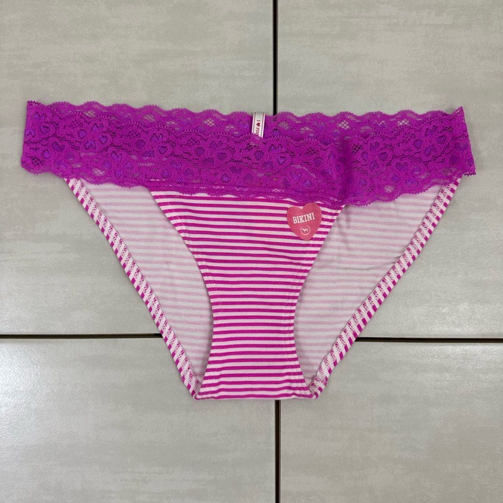 NWT 2011 PINK Victorias Secret Purple Magenta White Striped Lace Bikini Panty